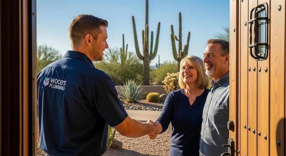 Wood's Plumbing professional technician greeting homeowners in Arizona